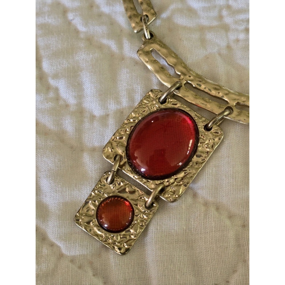 2000 Necklace Red Orange Acrylic Cabochon Y2K Textured Metal Dana Buchman Statem